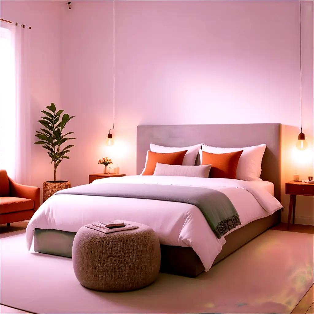 white bedroom with orange pillows and lampshades