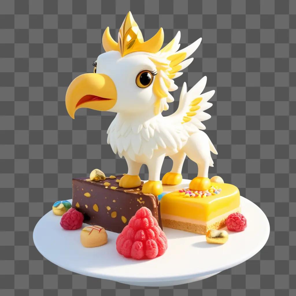 white bird with a crown sits on a plate of desserts