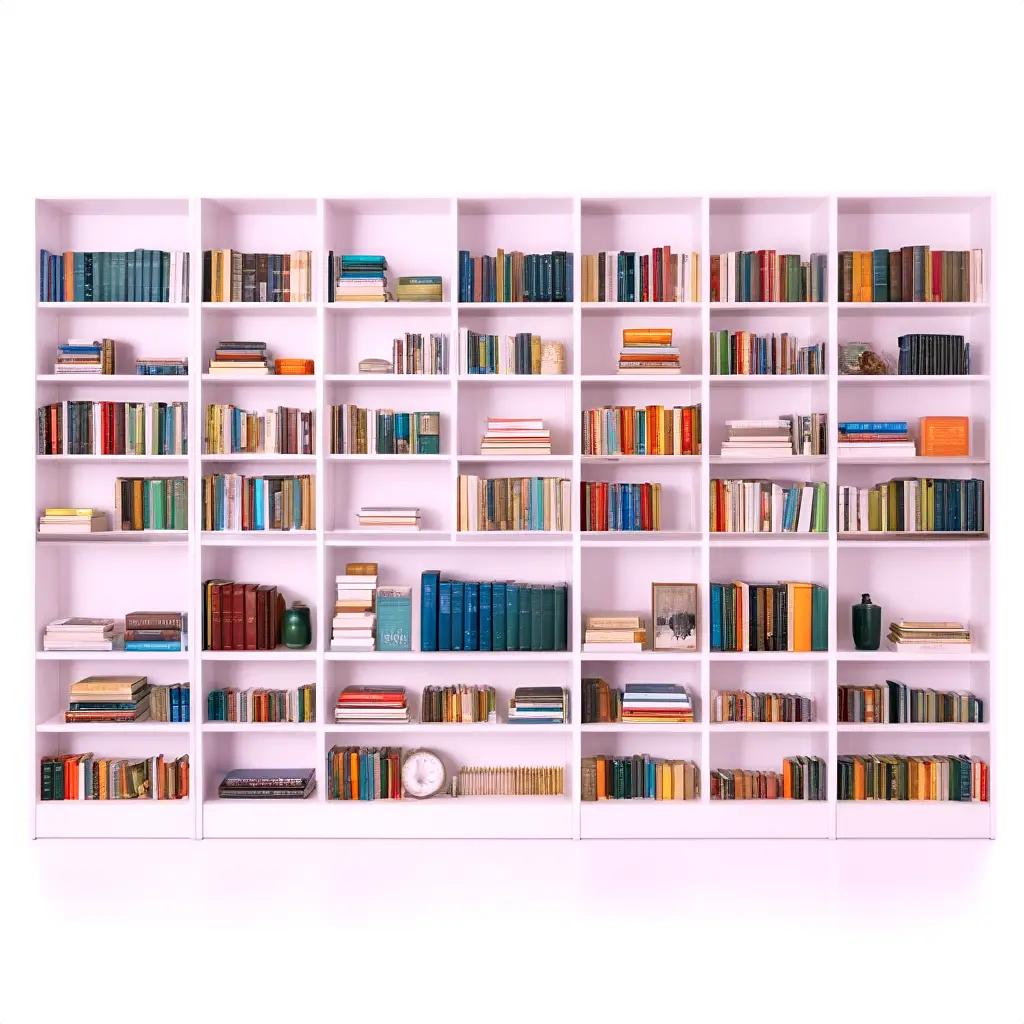 white bookshelf with a variety of books is neatly organized