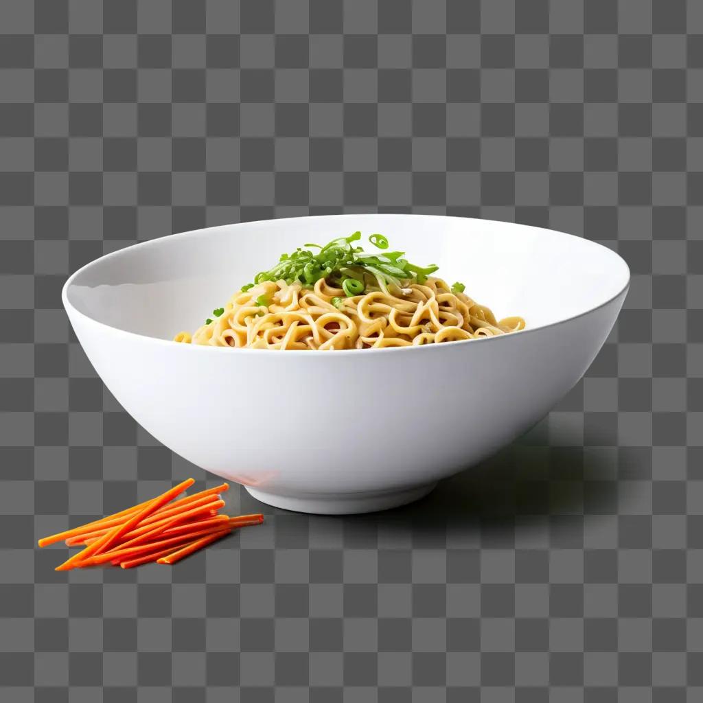 white bowl holds noodles with vegetables