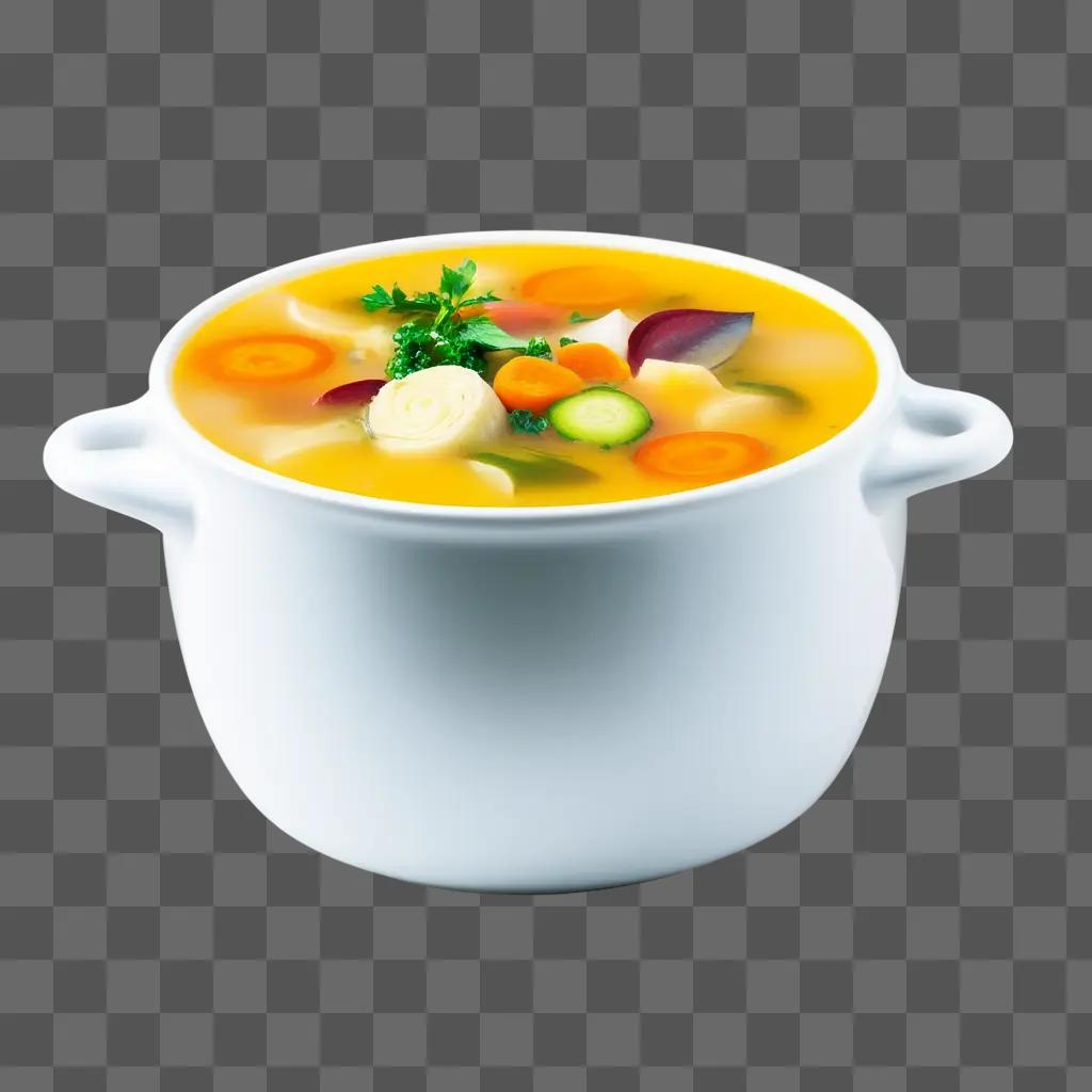 white bowl of soup with carrots and herbs