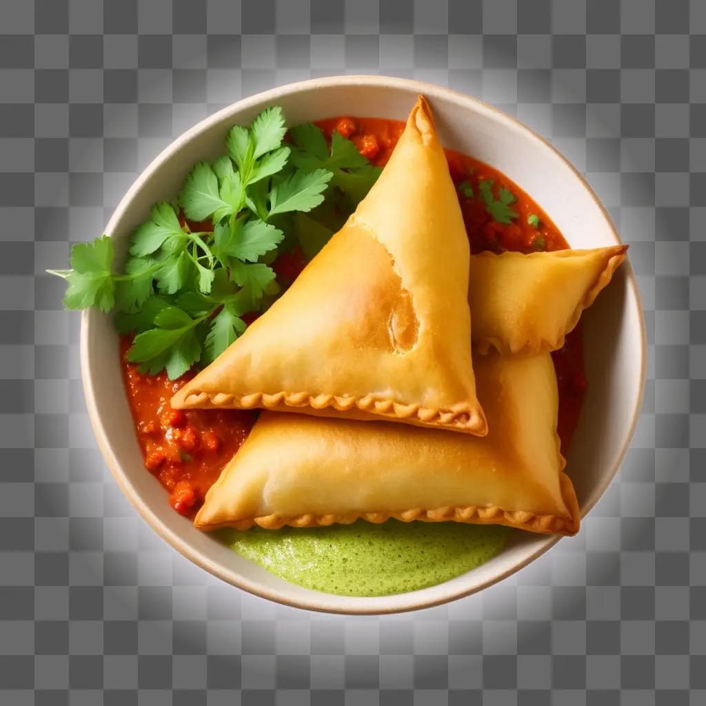 white bowl with a triangular samosa and a green sauce