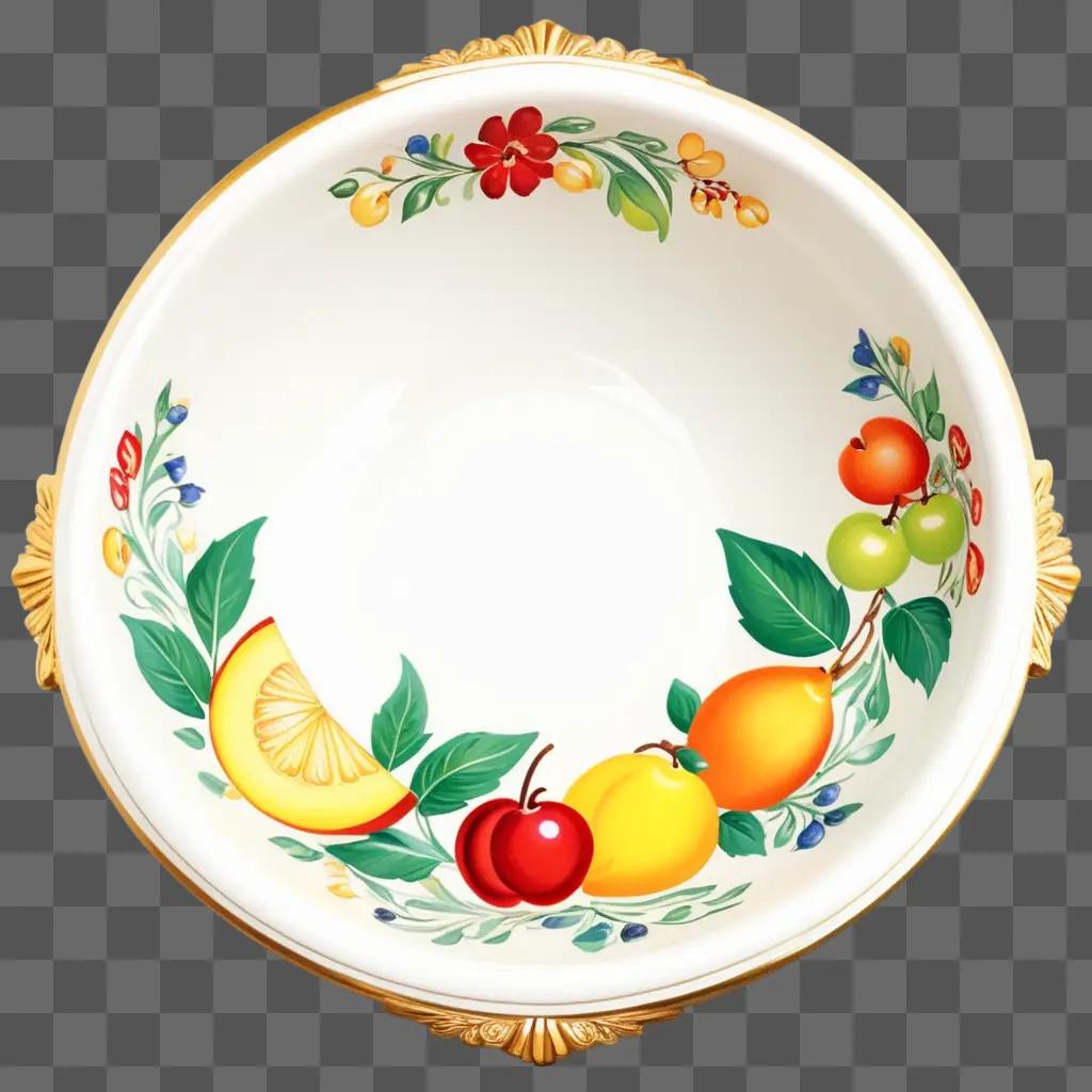 white bowl with fruit and flowers on it