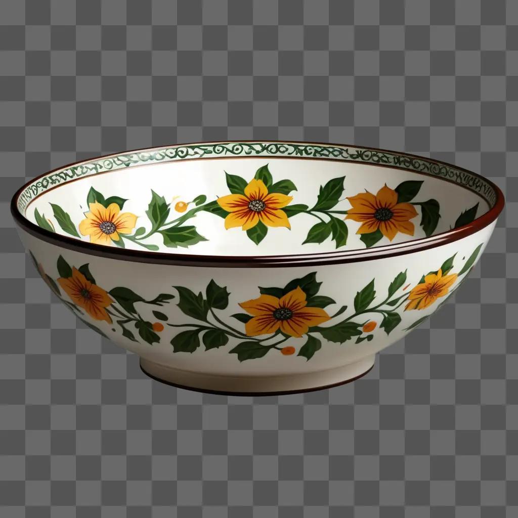 white bowl with yellow flowers and green leaves