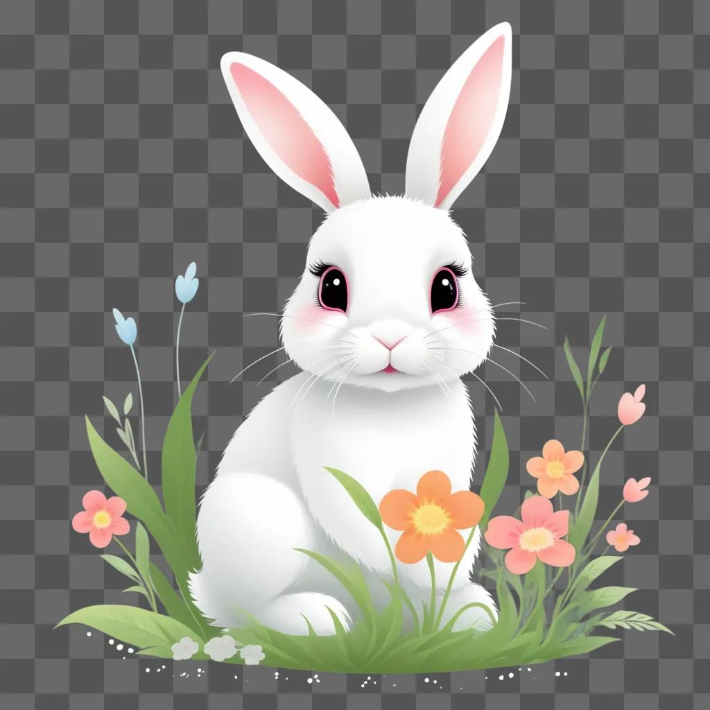 white bunny sits in a field of flowers