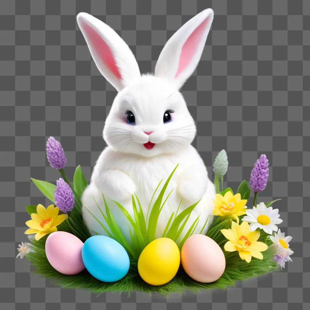 white bunny with a pink nose sits in the grass with a happy Easter theme