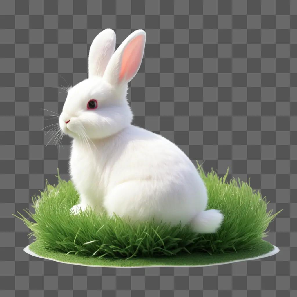 white bunny with a red eye sits on a grassy surface