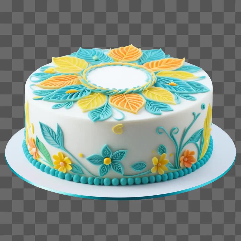 white cake with a blue and yellow leaf design on a transparent plate