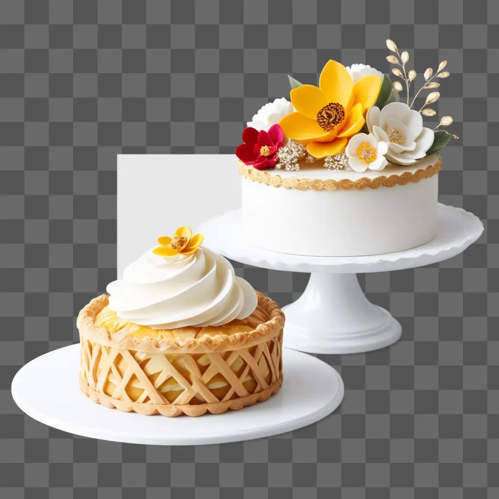 white cake with a yellow flower on top and a small pastry in front of it