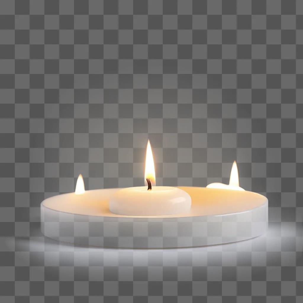 white candle burns in a round holder