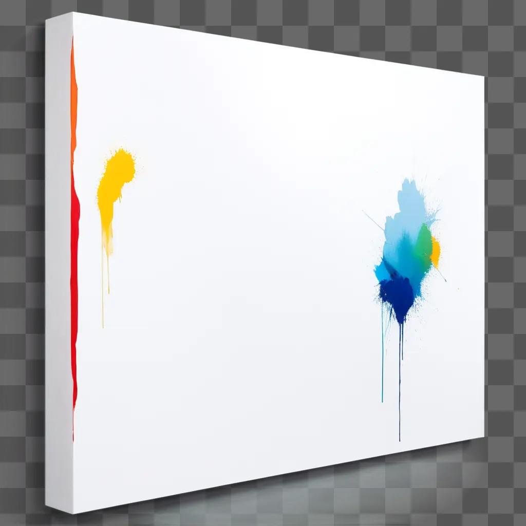 white canvas with splatters of blue, yellow, and orange paint