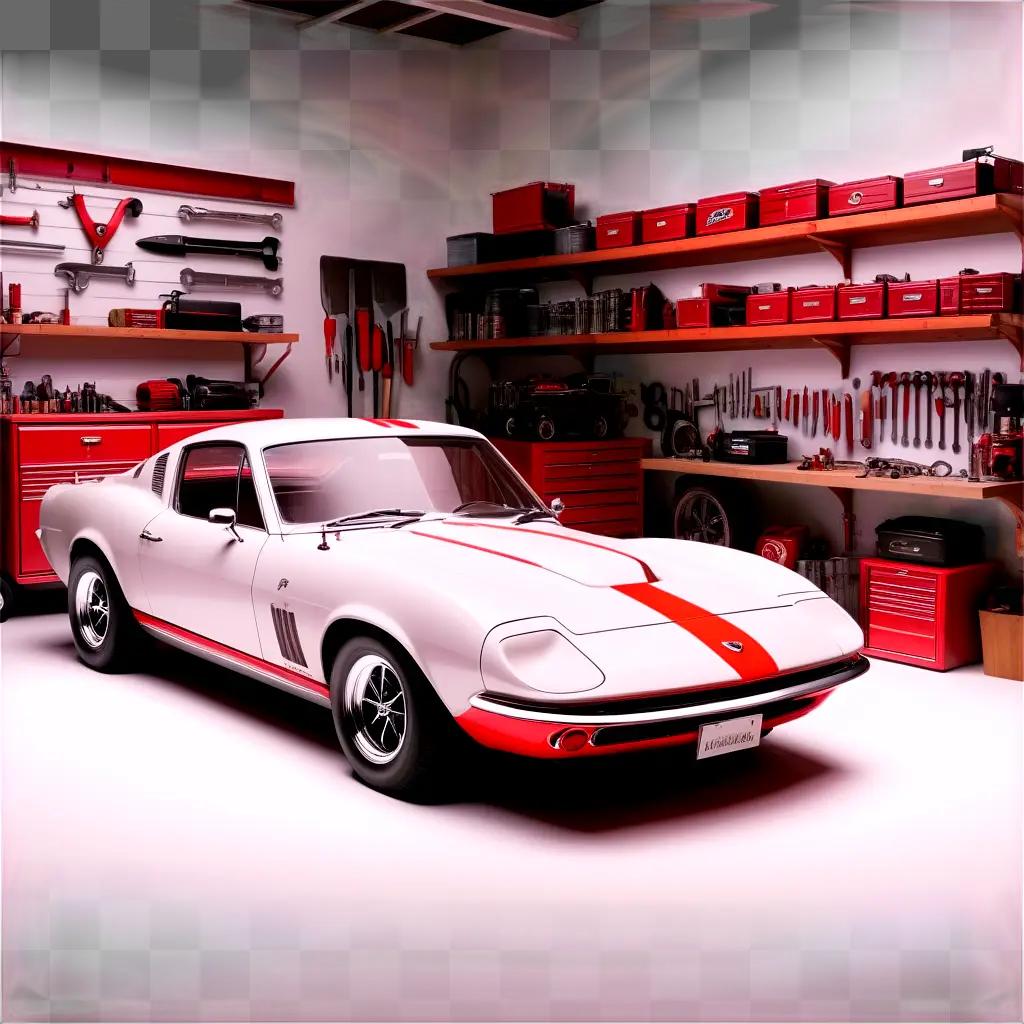 white car sits in a red and white garage