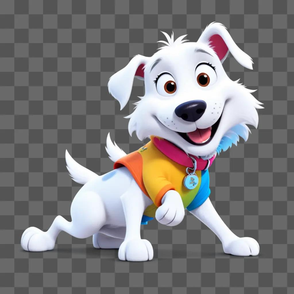 white cartoon dog with a colorful shirt