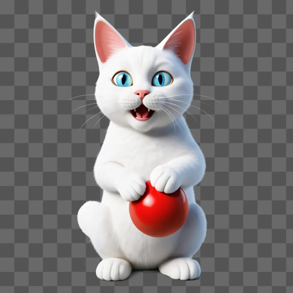 white cat holds a red ball, smiling at the camera