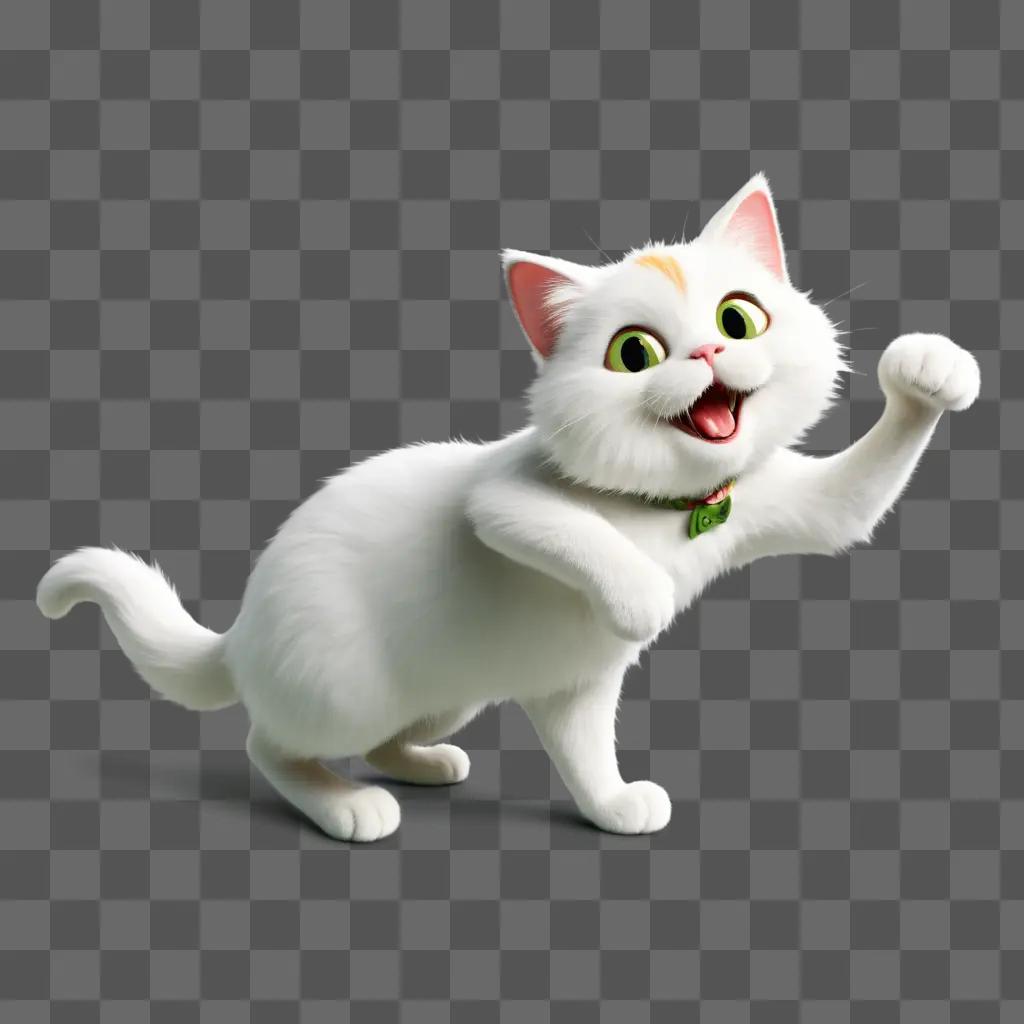 white cat is giggling with a green tag on its collar