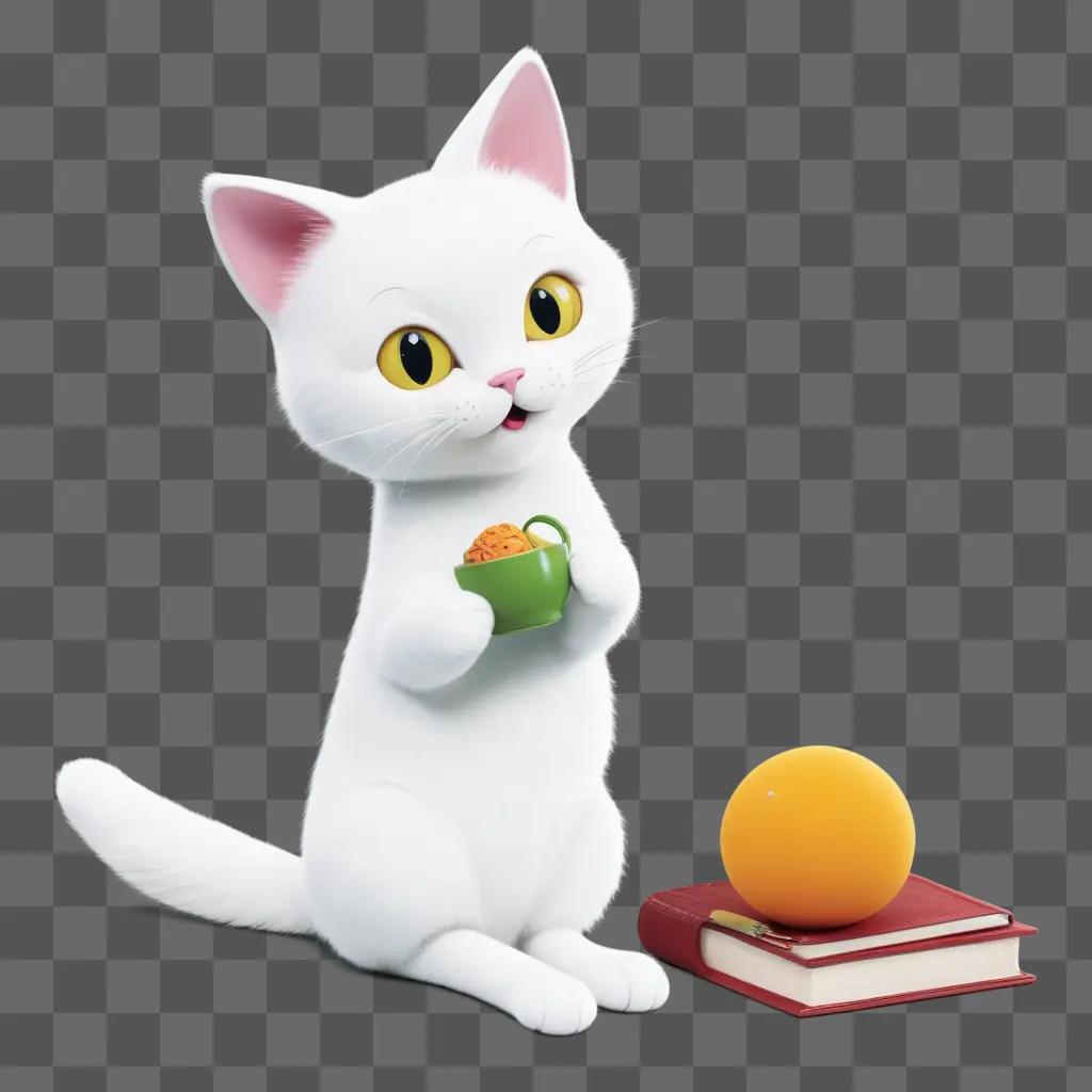 white cat is holding a cup and smiling