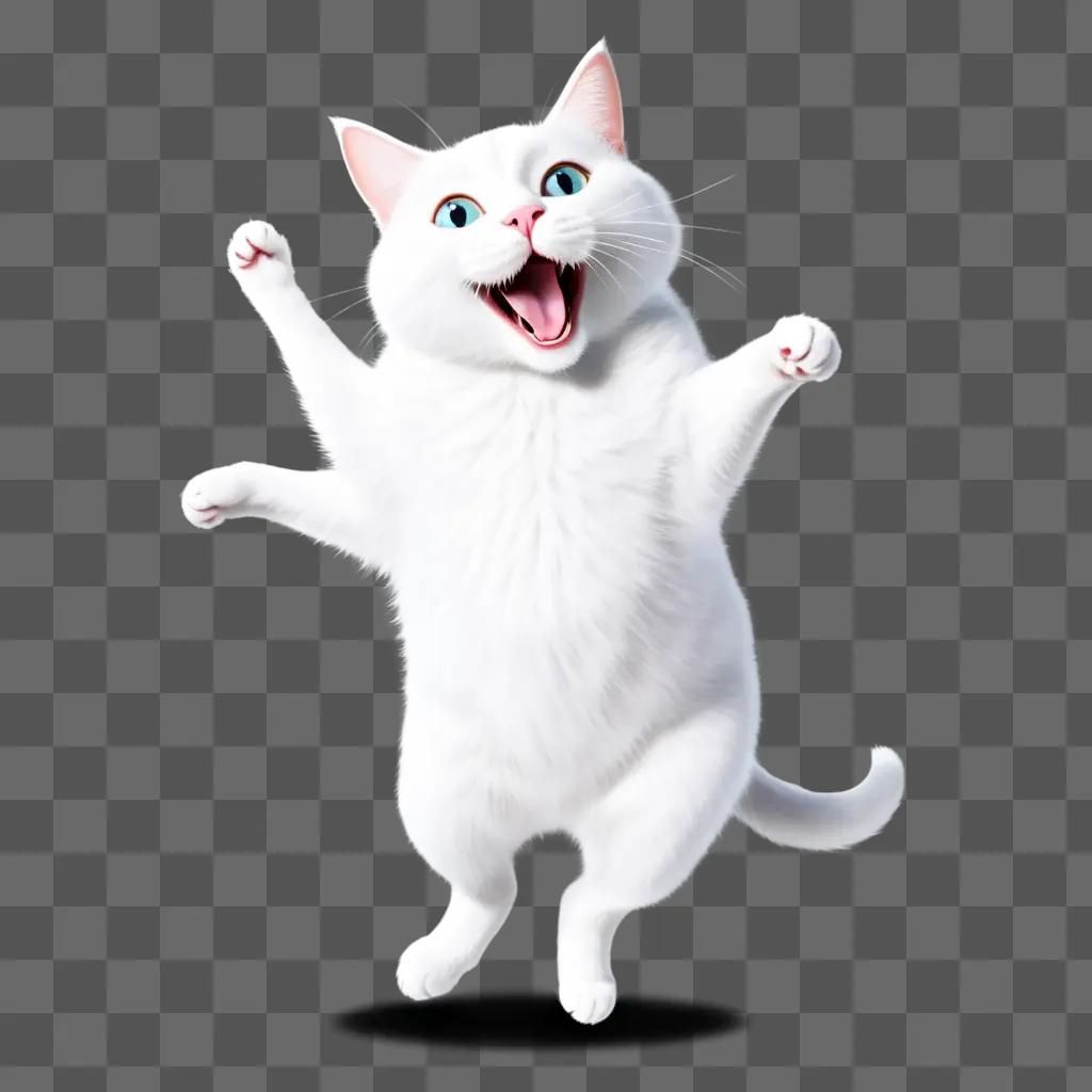 white cat is jumping in a silly pose