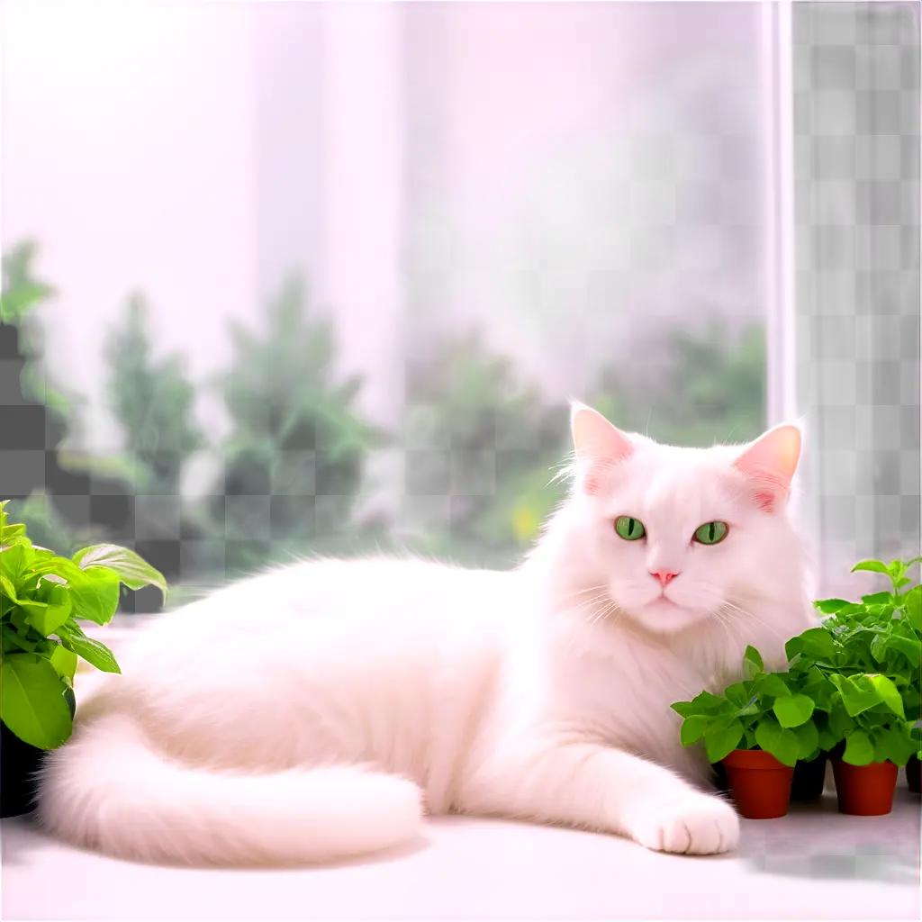 white cat lies on a white surface