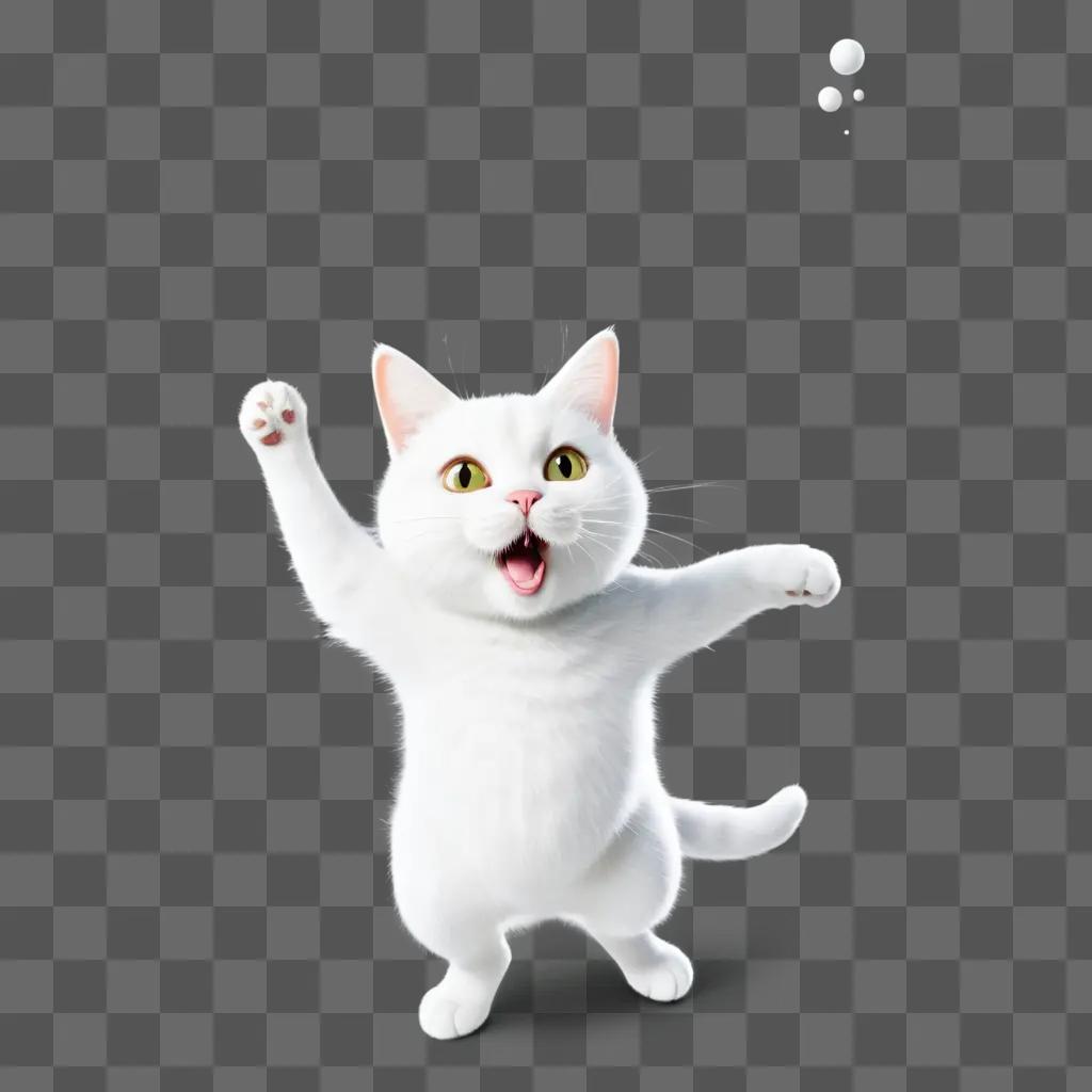 white cat looks silly while jumping