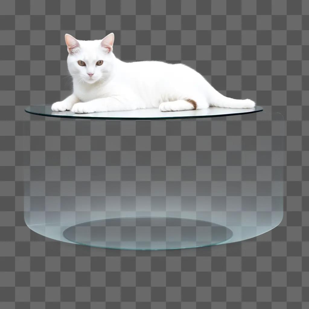 white cat on a transparent shelf