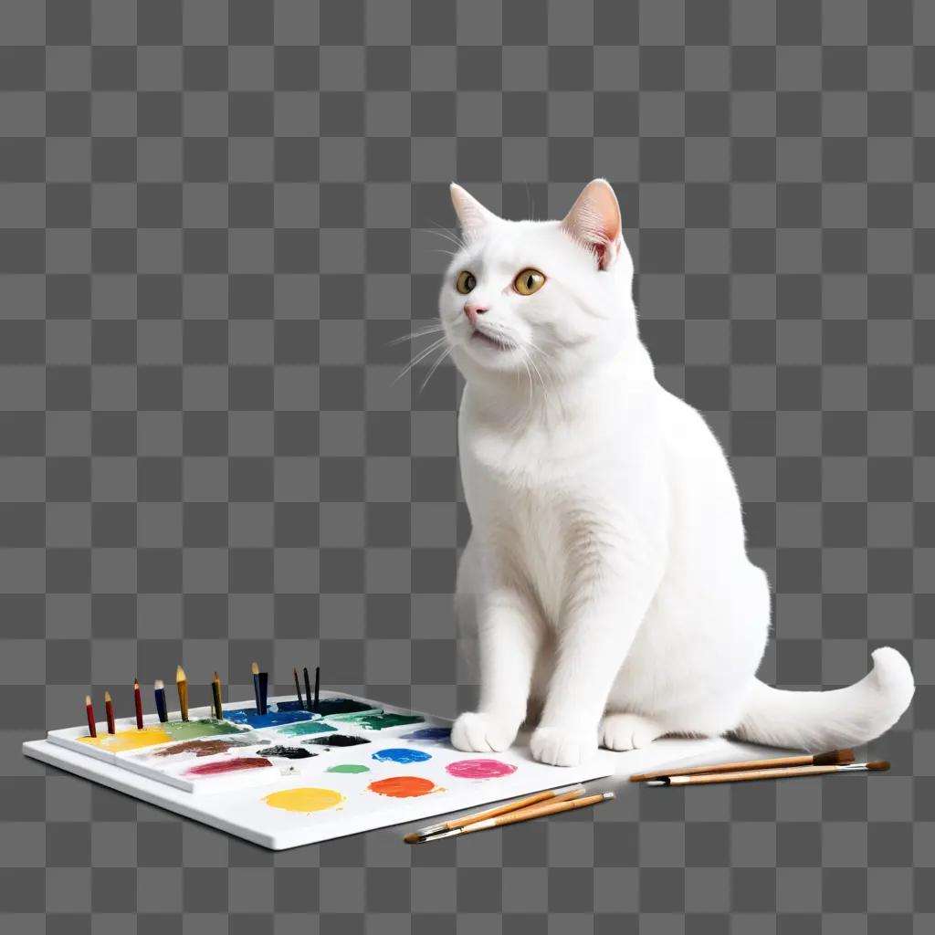 white cat sits on a palette, next to various paintbrushes