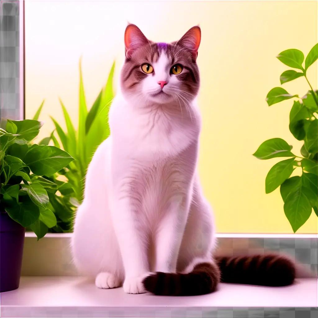 white cat sits on a window sill with a purple background