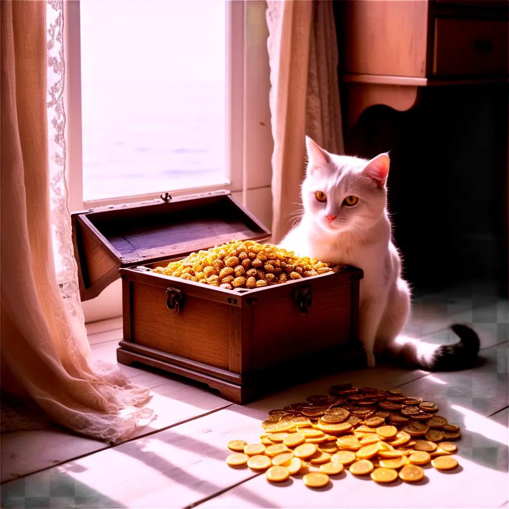 white cat sitting next to a treasure chest