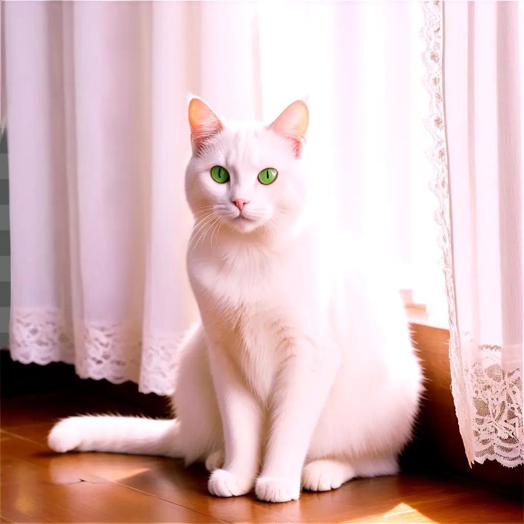 white cat sitting on a wooden floor