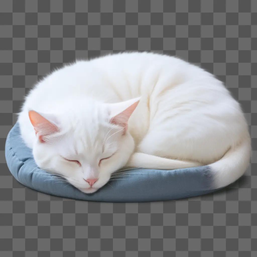 white cat sleeps on a blue pillow