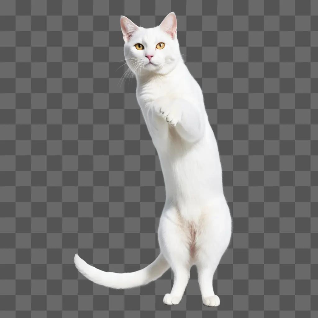 white cat stands on its hind legs