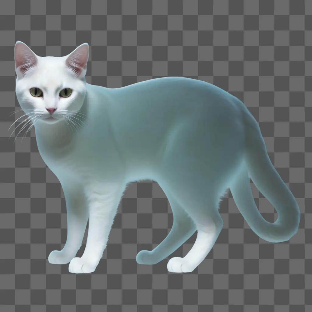 青い背景に白い猫が透けて立っている