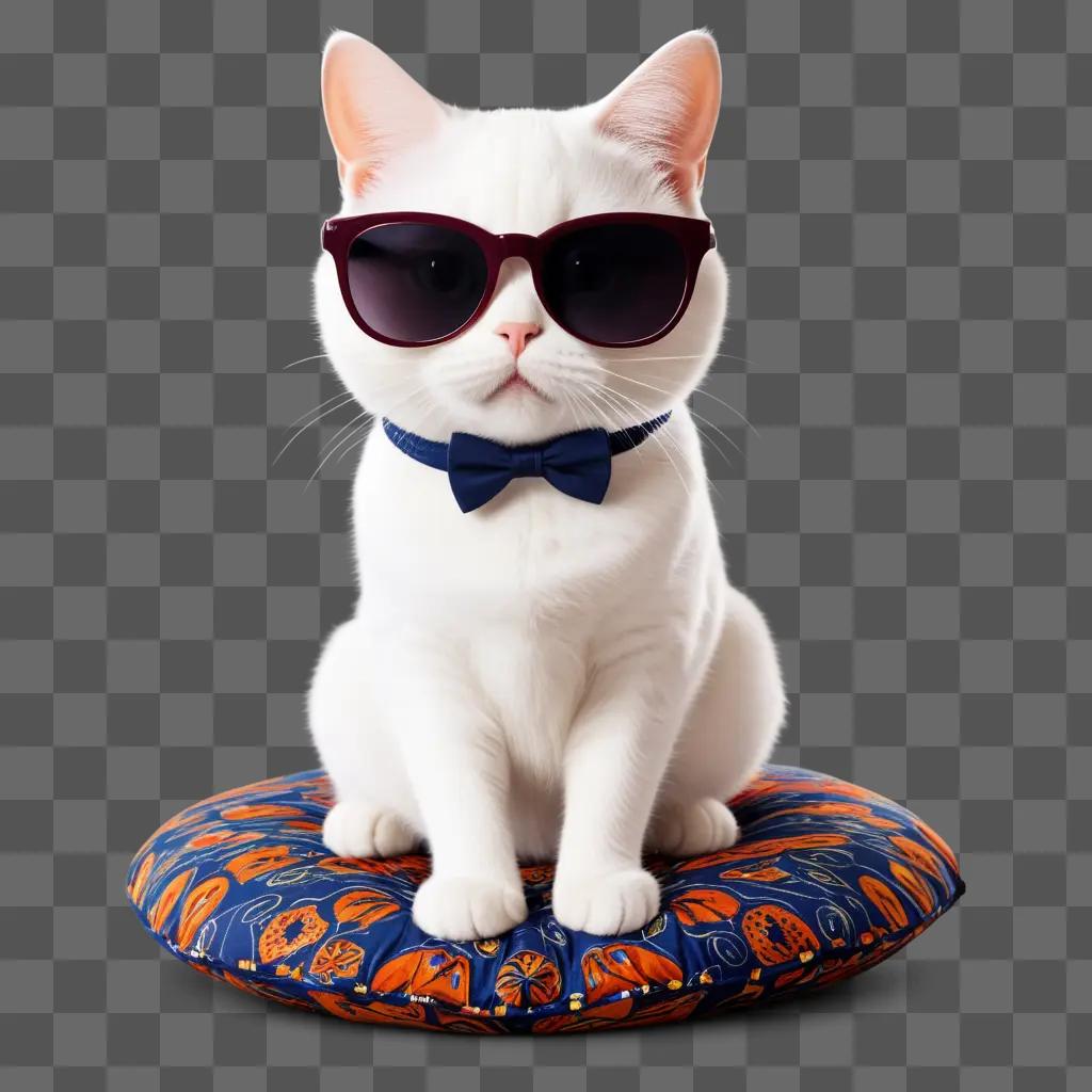 white cat wearing sunglasses and a bow-tie sits on a pillow