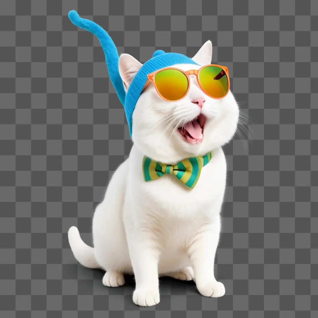 white cat wears a funny hat and glasses