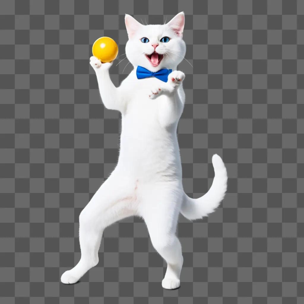 white cat with a blue bow tie and a yellow ball