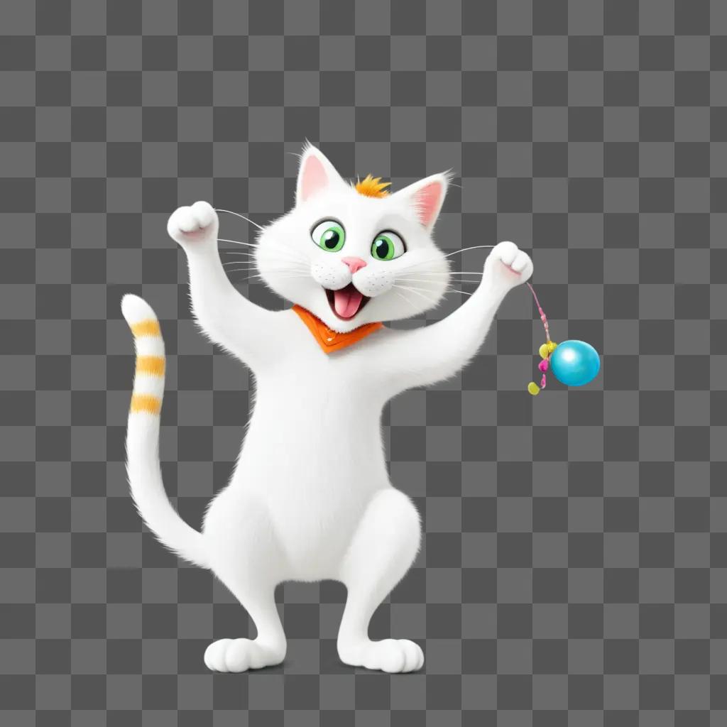 変な顔をした白猫がボールを持って