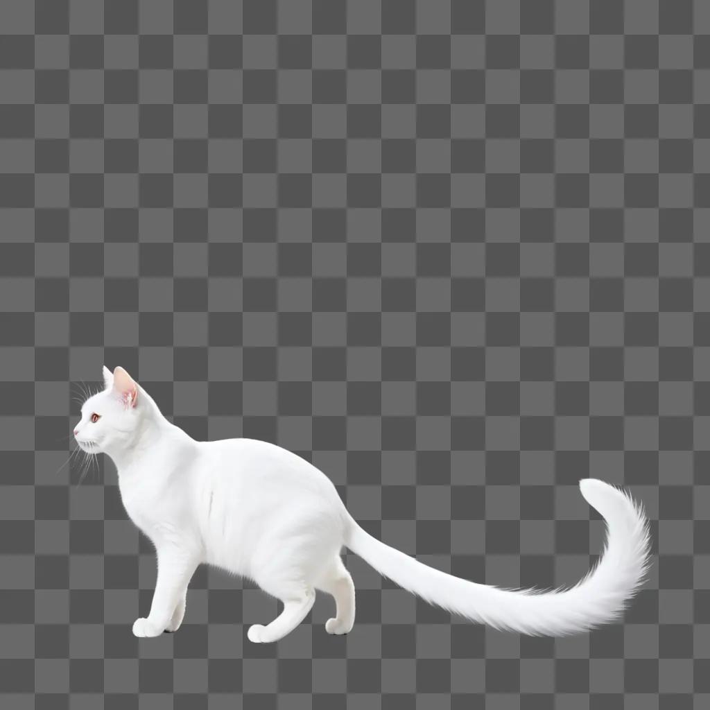 white cat with a long tail walking on a white background