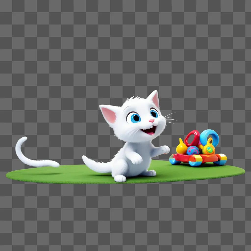 white cat with a smiling face plays with a toy on a green surface