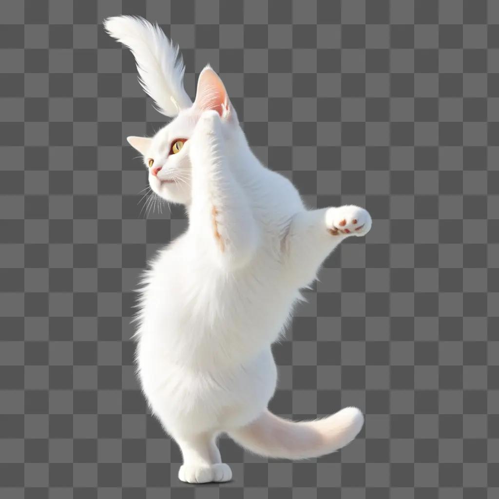 white cat with a tail in the air