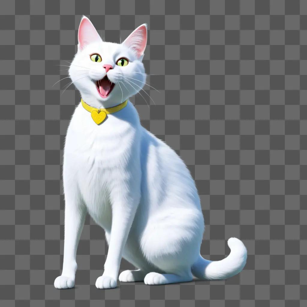 white cat with a yellow collar and a big smile