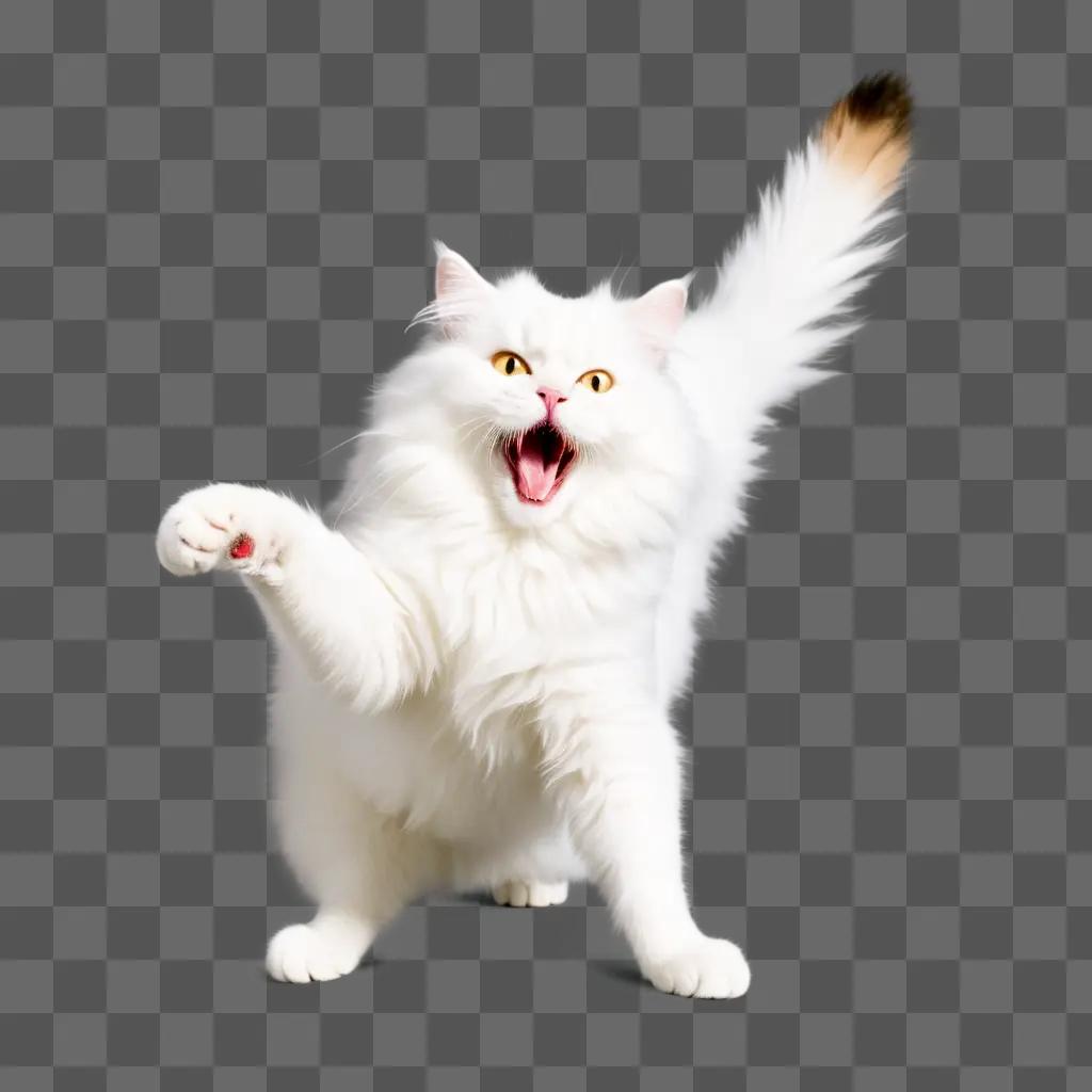 white cat with an open mouth and a pointy tail