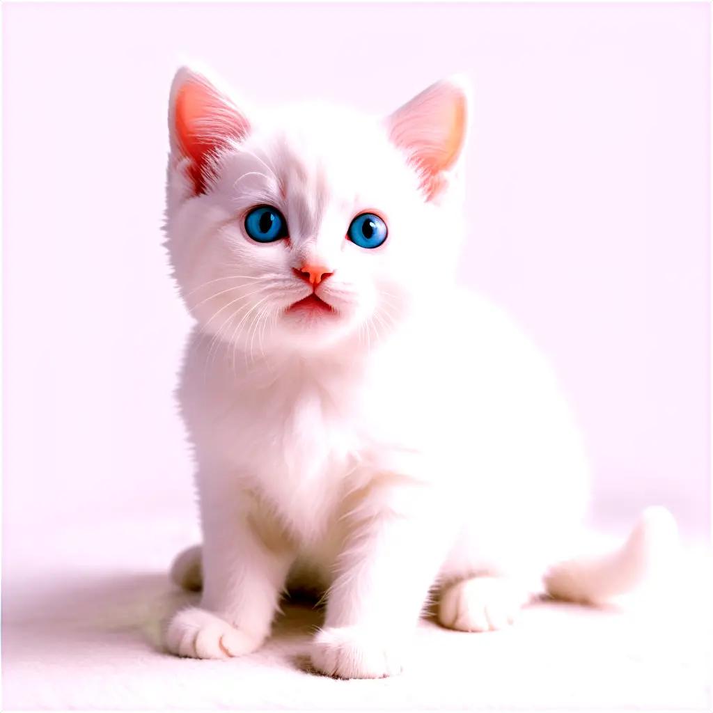 white cat with blue eyes sits on a white surface