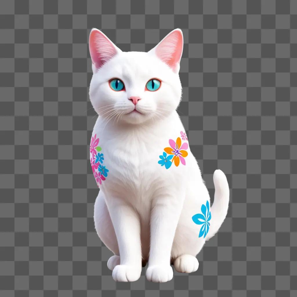 white cat with flowers on its body