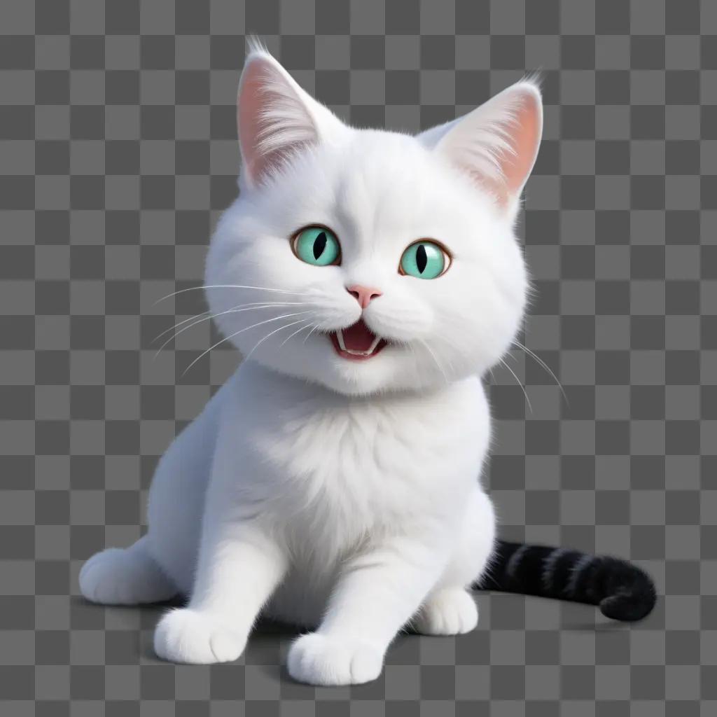 white cat with green eyes and a pink nose looks silly