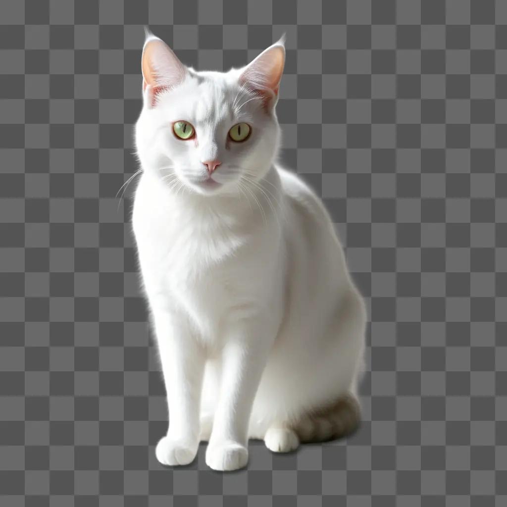 white cat with green eyes is sitting on a gray background