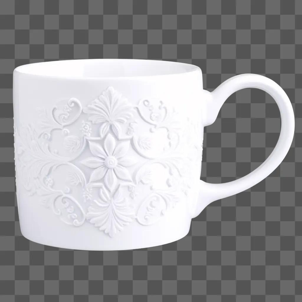 white ceramic mug with intricate designs