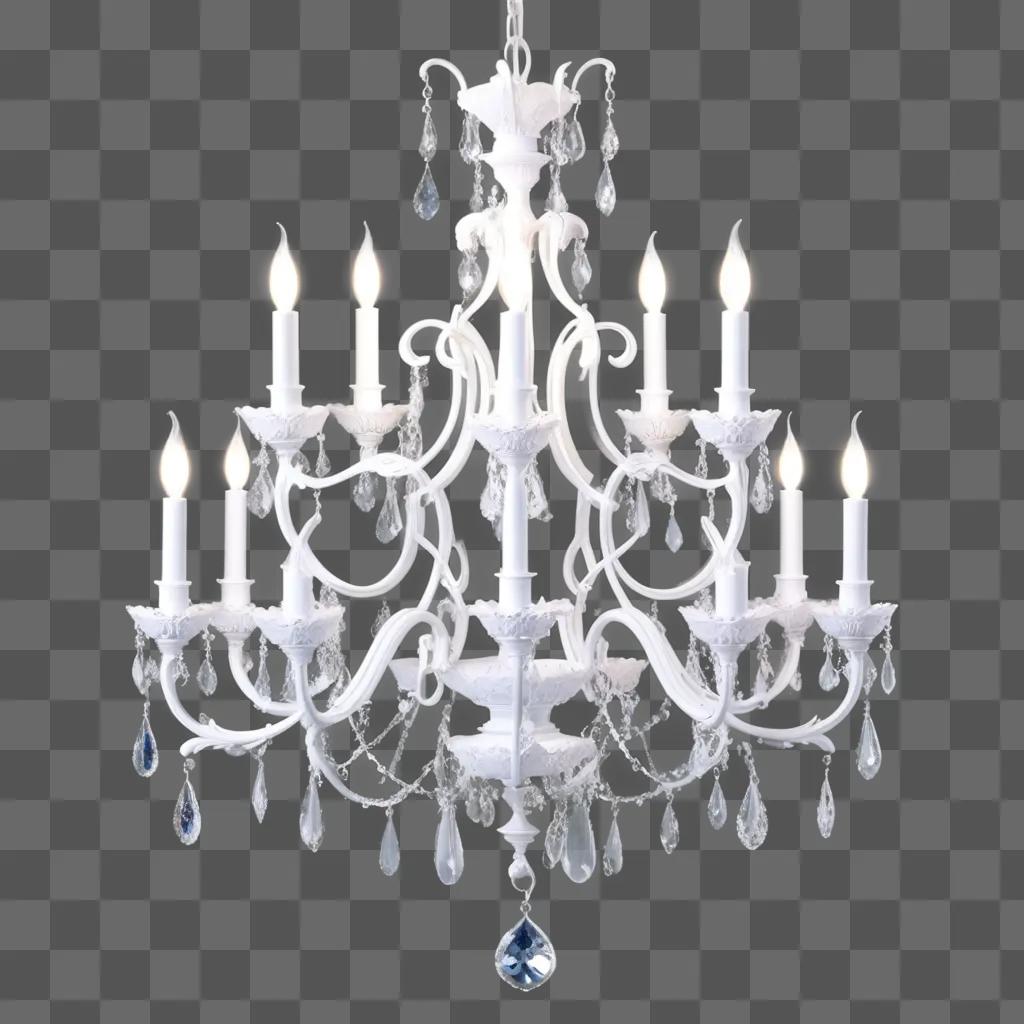 white chandelier with nine lights and clear crystal droplets