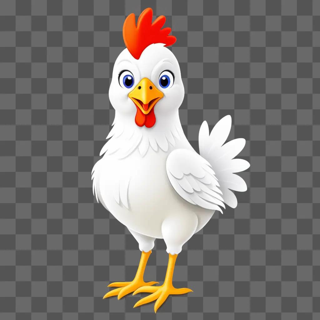 white chicken with a red comb and blue eyes