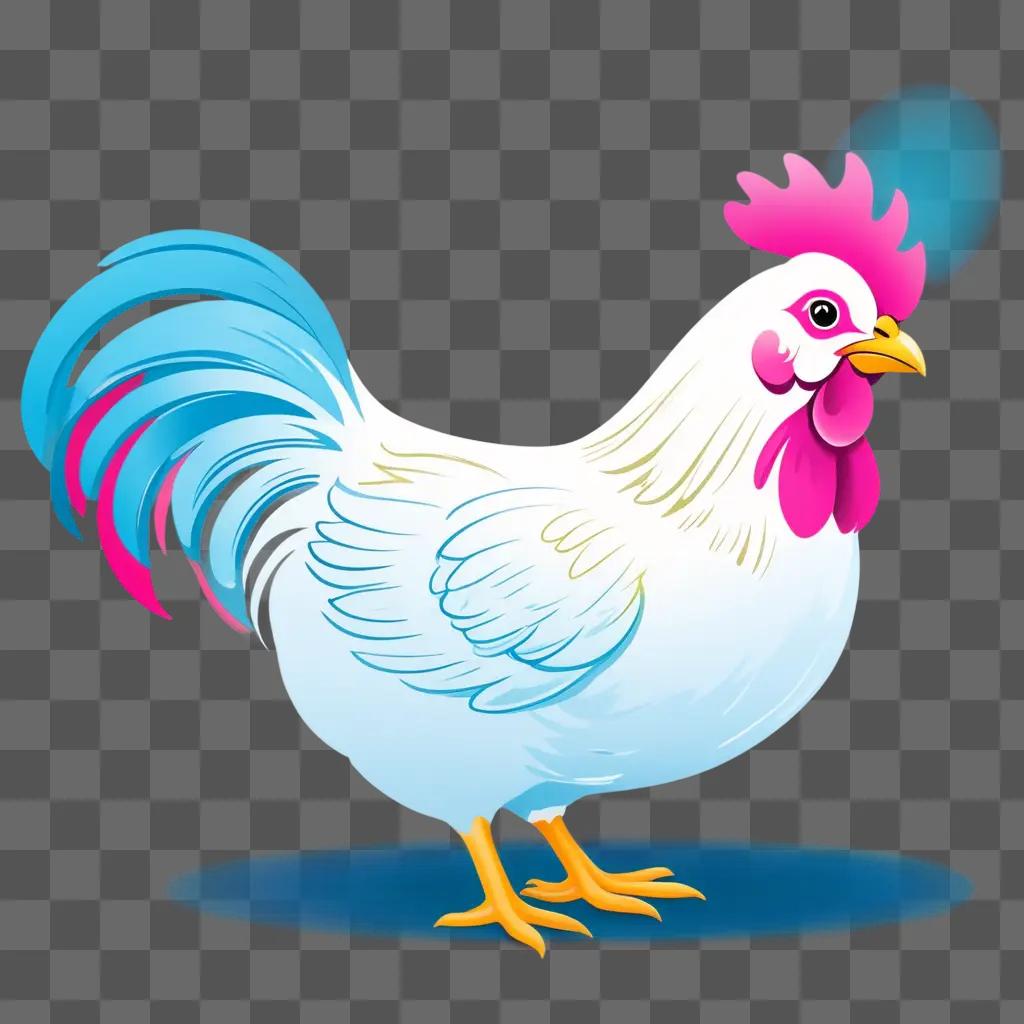 white chicken with pink feet is on a blue background