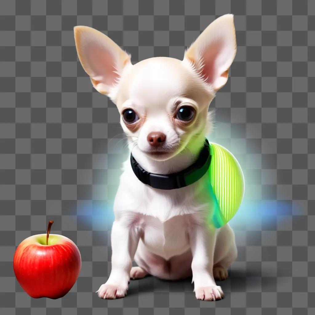 white chihuahua with an apple head sits with a glowing collar