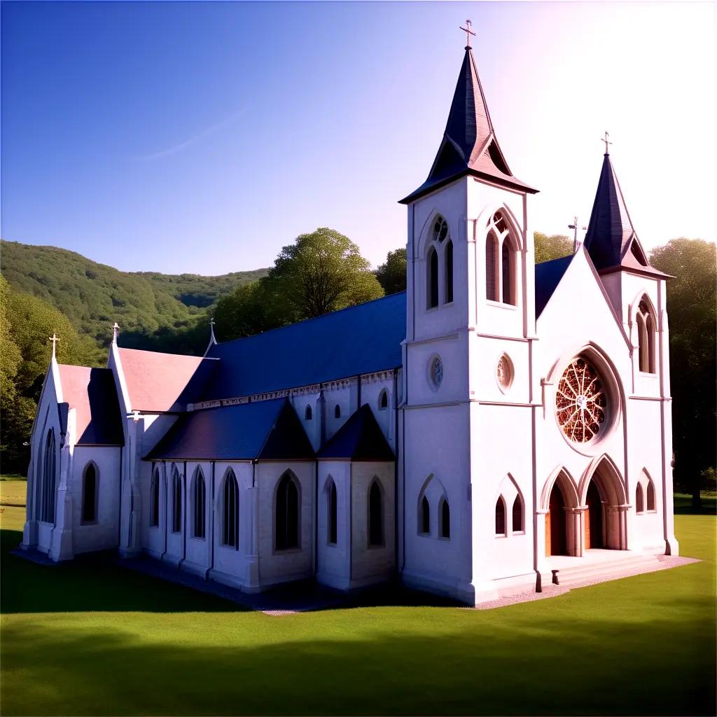 white church with a tall spire in the distance